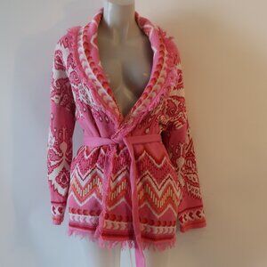 NWT Womens Tina Demel Kennedy Jacquard Pink, White Belted Cardigan Sweater XS